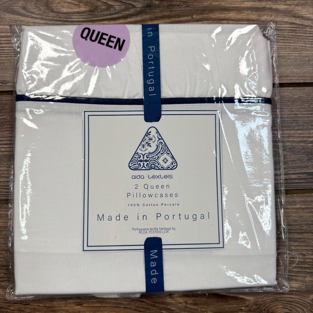 Alda Texteis Queen 2pc Pillowcase Set White Navy Ruffle Cotton Portugal NEW
